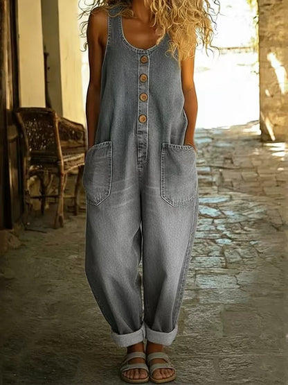 Sleeveless Wide-Leg Denim-Look Jumpsuit