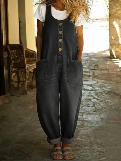 Sleeveless Wide-Leg Denim-Look Jumpsuit