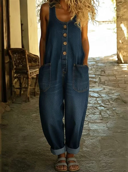 Sleeveless Wide-Leg Denim-Look Jumpsuit