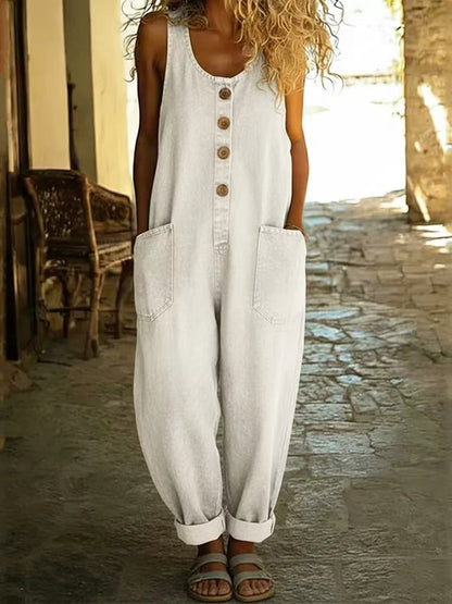 Sleeveless Wide-Leg Denim-Look Jumpsuit