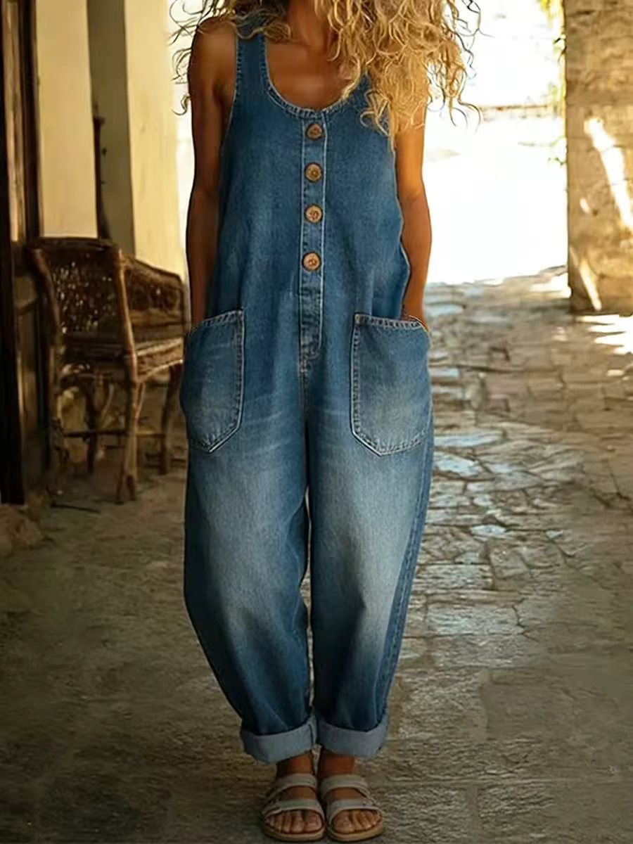 Sleeveless Wide-Leg Denim-Look Jumpsuit