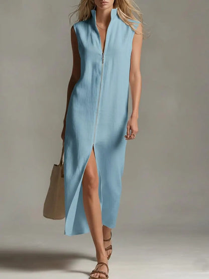 Sleeveless Zip-Up Stand Collar Casual Dress