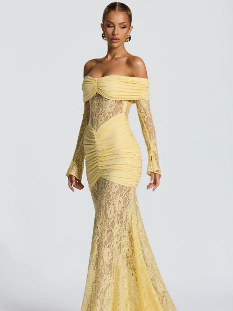 Slim Fishtail Long Dress with Hollow-Out Neckline