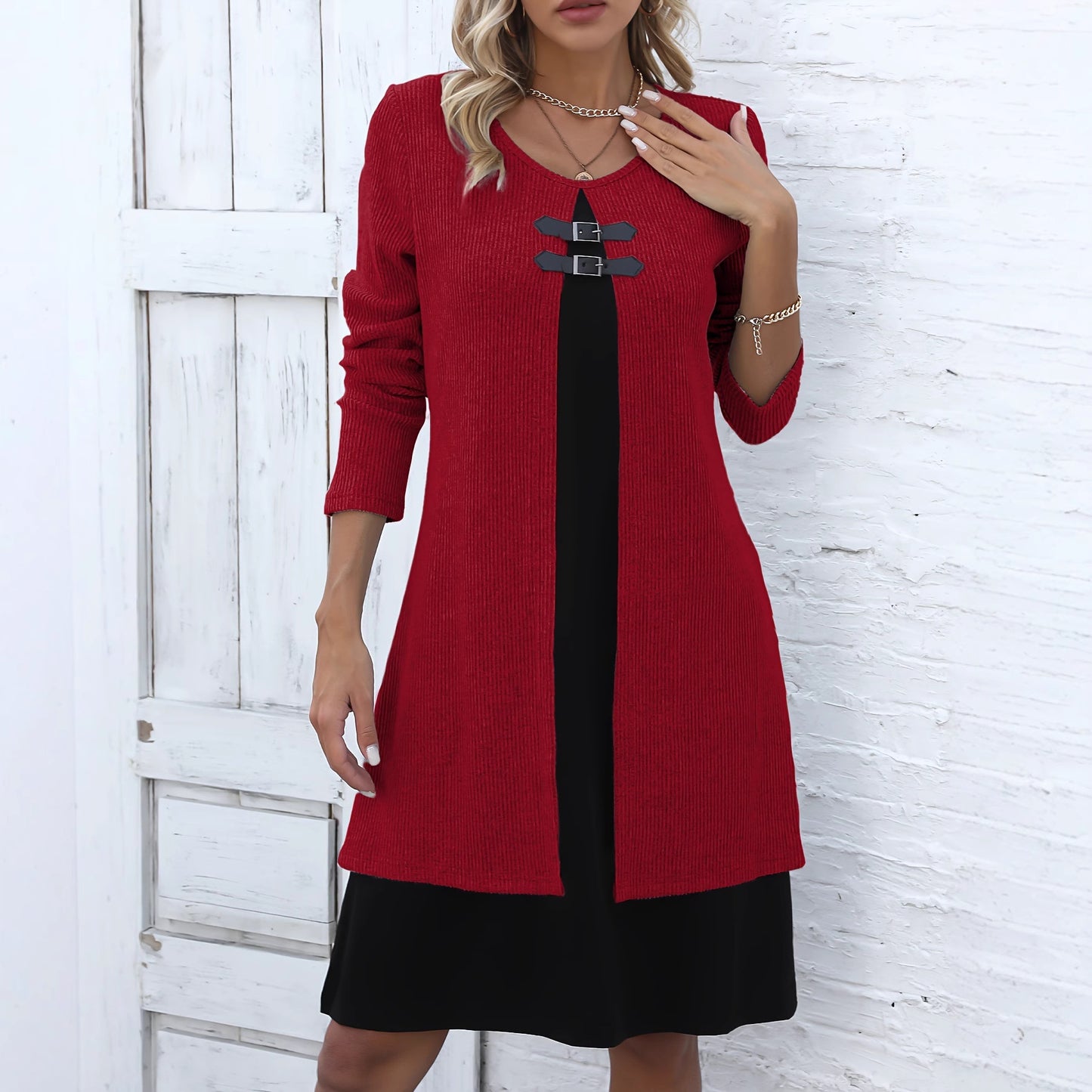 Slim Fit Color Block Faux Two-Piece Dress
