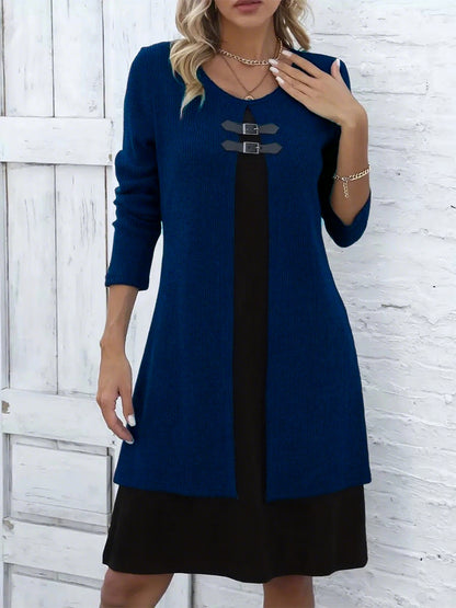 Slim Fit Color Block Faux Two-Piece Dress