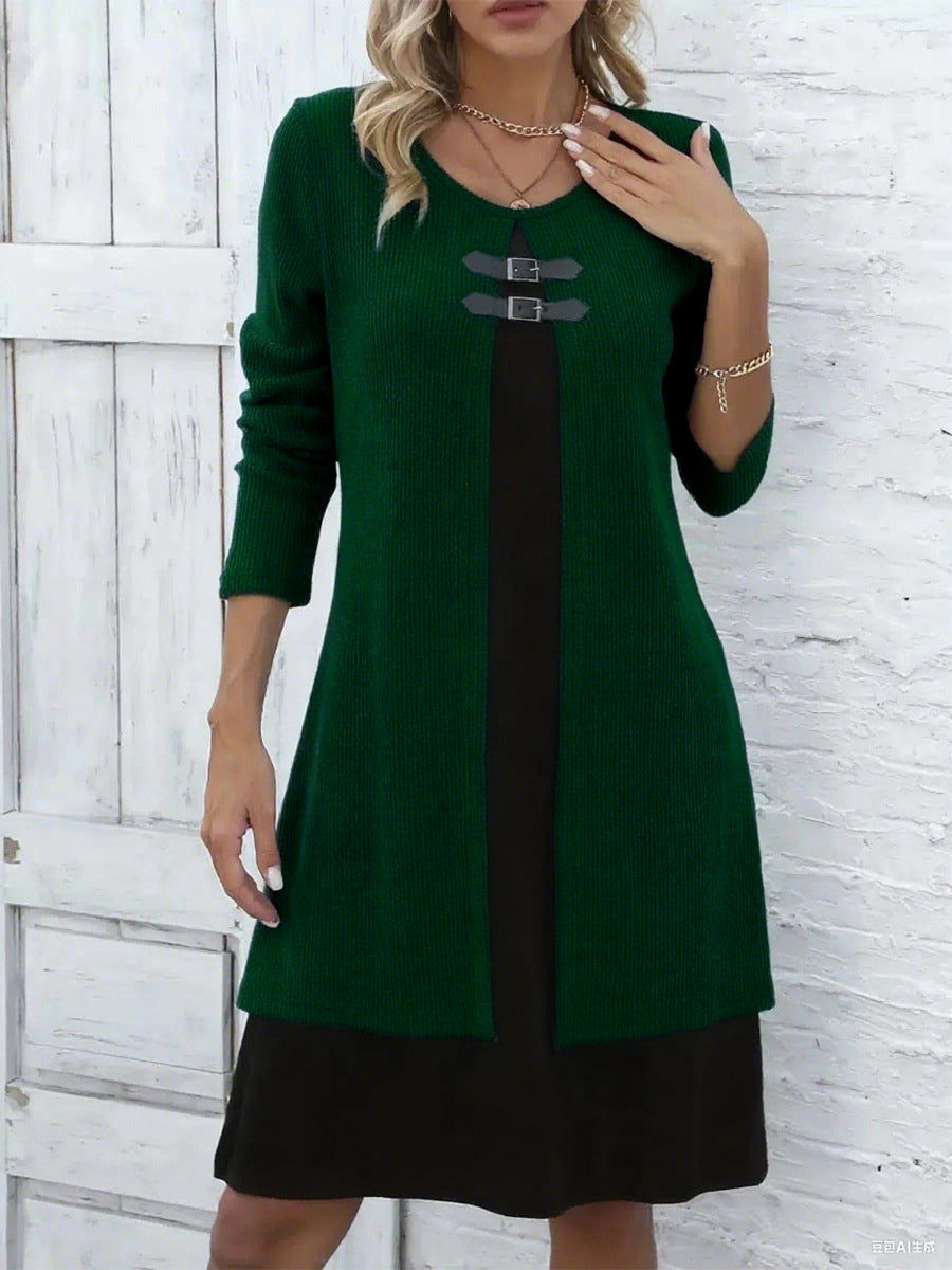 Slim Fit Color Block Faux Two-Piece Dress