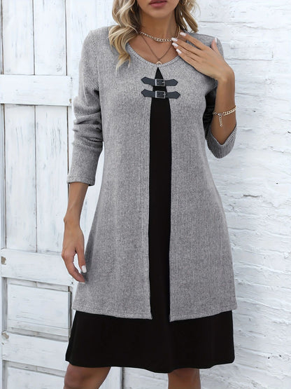 Slim Fit Color Block Faux Two-Piece Dress