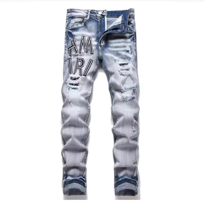 Slim Fit Embroidered Denim Jeans for Men