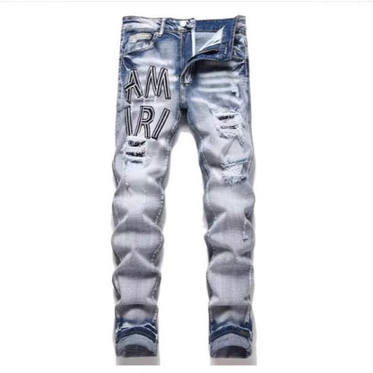 Slim Fit Embroidered Denim Jeans for Men