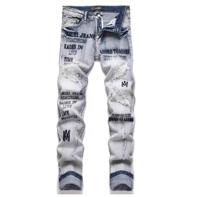 Slim Fit Embroidered Denim Jeans for Men
