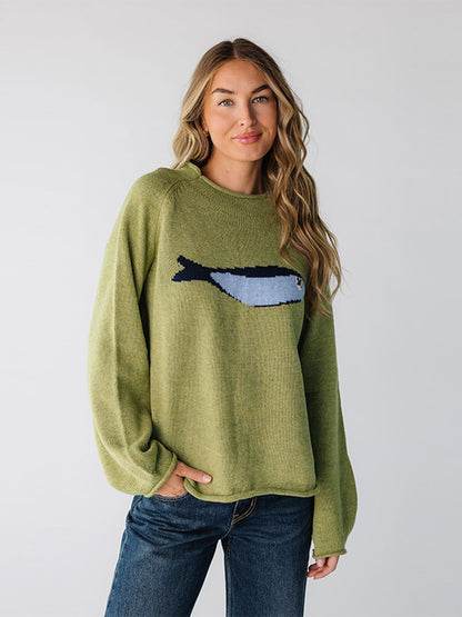 Slim-Fit European and American Style Loose Carp Print Round Neck Pullover Sweater for Women Autumn Casual Top