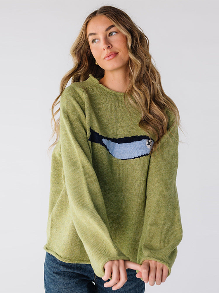 Slim-Fit European and American Style Loose Carp Print Round Neck Pullover Sweater for Women Autumn Casual Top