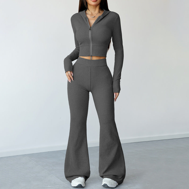 Slim-Fit Hooded Zip-Up Top and Yoga Flare Pants Fitness Set