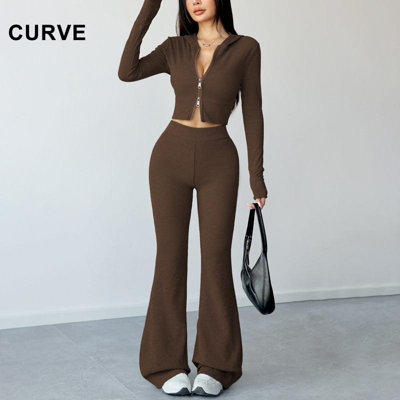Slim-Fit Hooded Zip-Up Top and Yoga Flare Pants Fitness Set