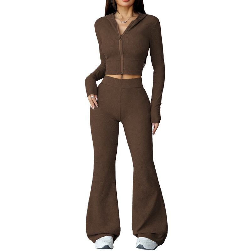 Slim-Fit Hooded Zip-Up Top and Yoga Flare Pants Fitness Set