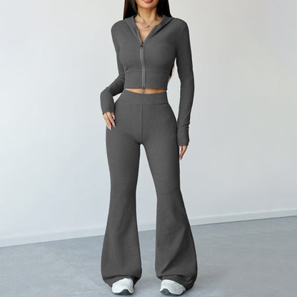 Slim-Fit Hooded Zip-Up Top and Yoga Flare Pants Fitness Set