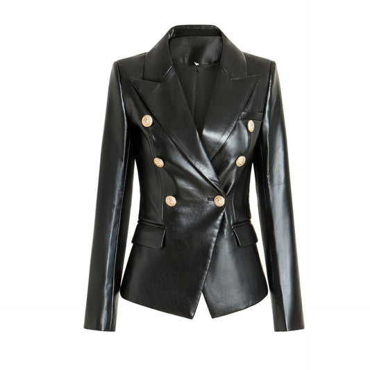 Slim Fit Imitation Leather Coat with Suit Collar