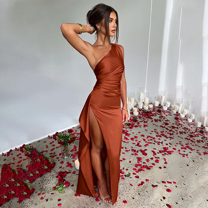 Slim-fit, off-shoulder, slit satin dress for women