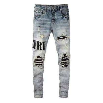 Slim Fit Patchwork Distressed Denim Jeans for Men