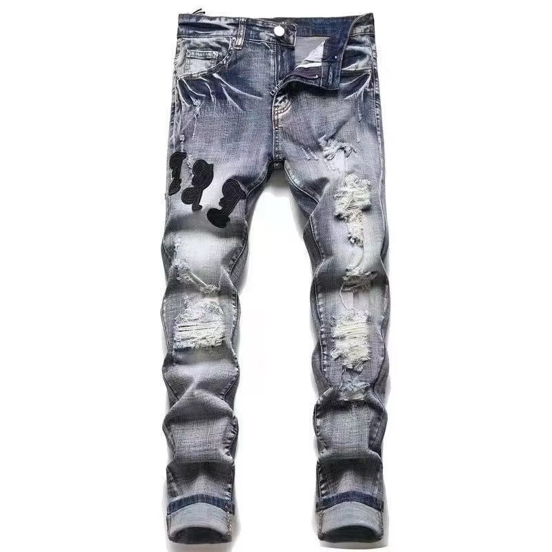 Slim Fit Patchwork Distressed Denim Jeans for Men