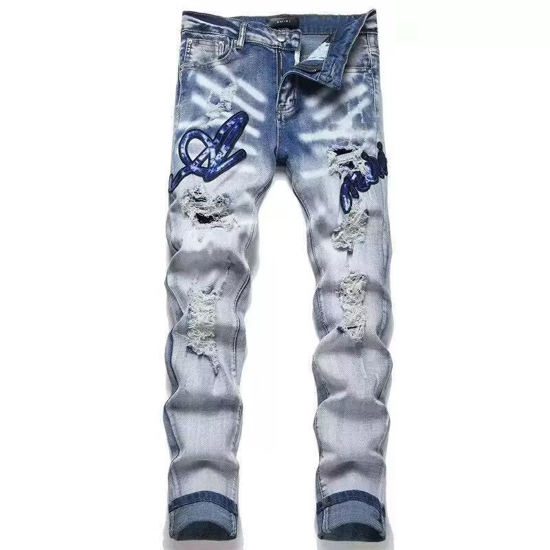 Slim Fit Patchwork Distressed Denim Jeans for Men