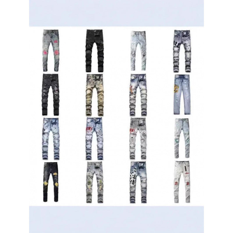 Slim Fit Patchwork Distressed Denim Jeans for Men