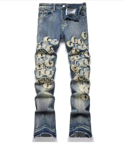 Slim Fit Patchwork Distressed Denim Jeans for Men