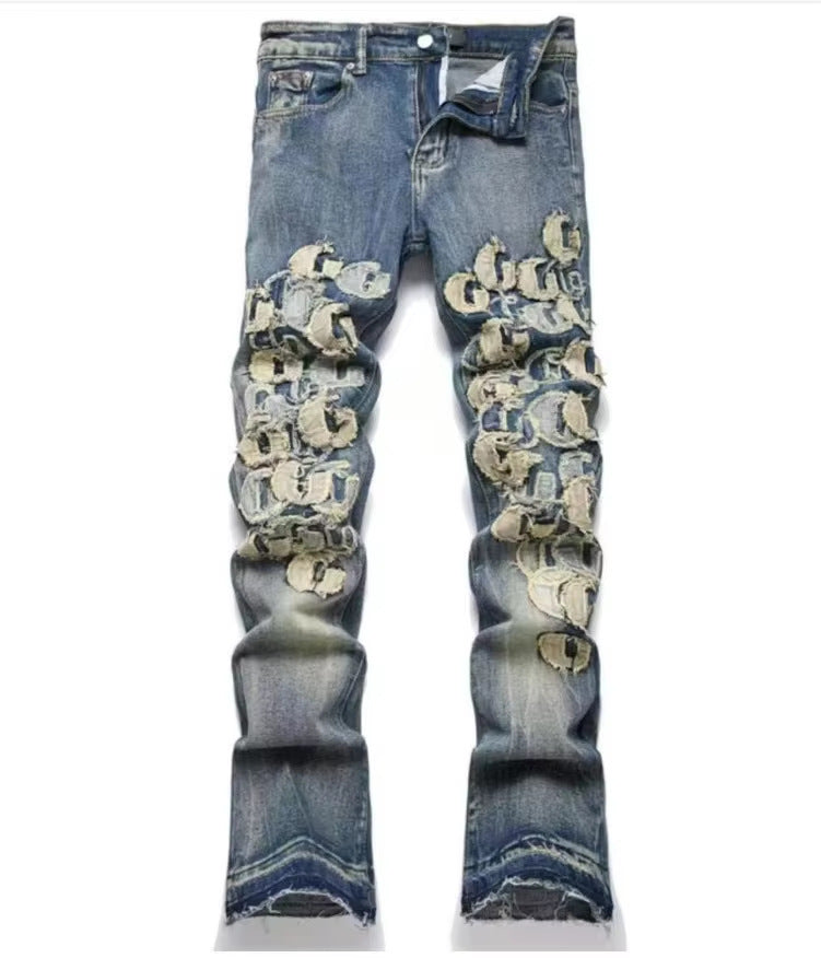 Slim Fit Patchwork Distressed Denim Jeans for Men