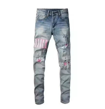 Slim Fit Patchwork Distressed Denim Jeans for Men