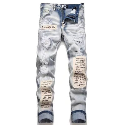 Slim Fit Patchwork Distressed Denim Jeans for Men