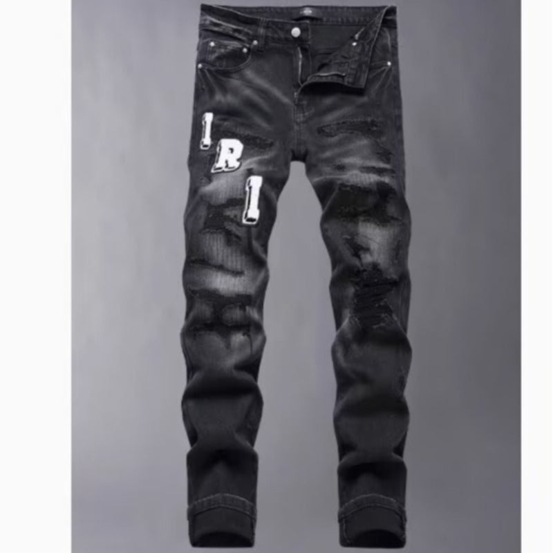Slim Fit Patchwork Distressed Denim Jeans for Men