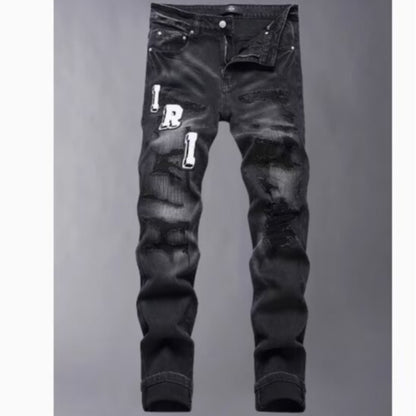 Slim Fit Patchwork Distressed Denim Jeans for Men