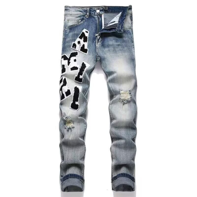Slim Fit Patchwork Distressed Denim Jeans for Men