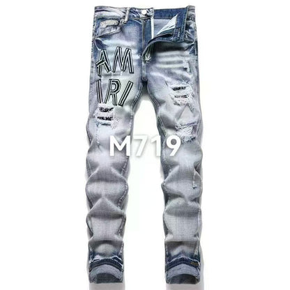Slim Fit Patchwork Distressed Denim Jeans for Men
