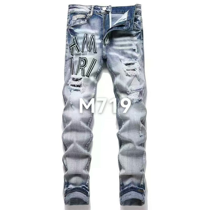 Slim Fit Patchwork Distressed Denim Jeans for Men