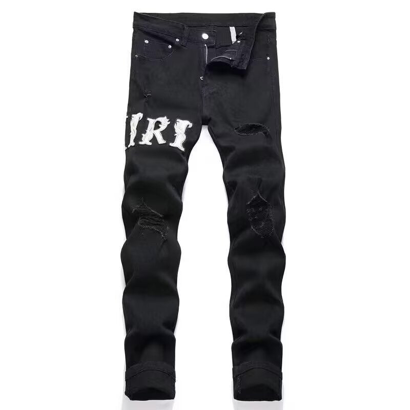 Slim Fit Patchwork Distressed Denim Jeans for Men