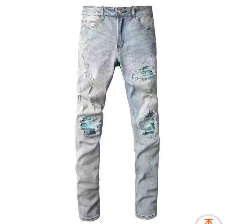 Slim Fit Patchwork Distressed Denim Jeans for Men