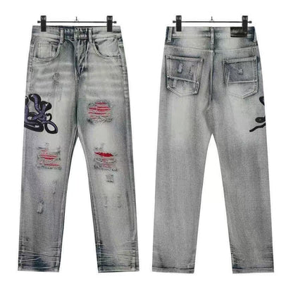 Slim Fit Patchwork Distressed Denim Jeans for Men