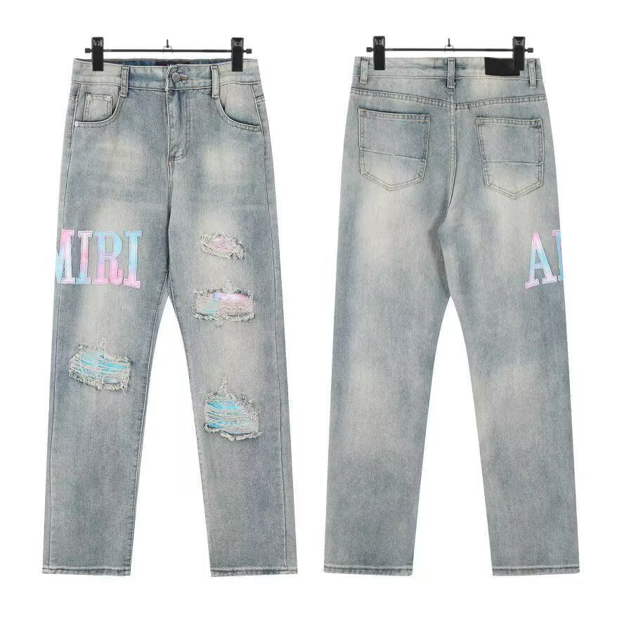 Slim Fit Patchwork Distressed Denim Jeans for Men