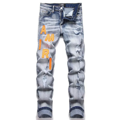 Slim Fit Patchwork Distressed Denim Jeans for Men