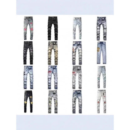 Slim Fit Patchwork Distressed Denim Jeans for Men