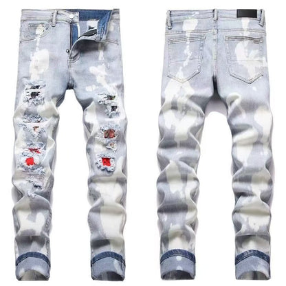 Slim Fit Patchwork Distressed Denim Jeans for Men