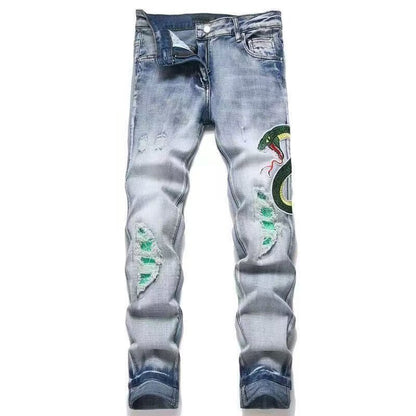Slim Fit Patchwork Distressed Denim Jeans for Men