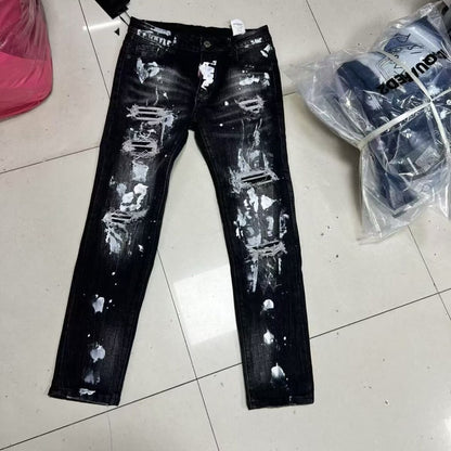 Slim Fit Patchwork Distressed Denim Jeans for Men