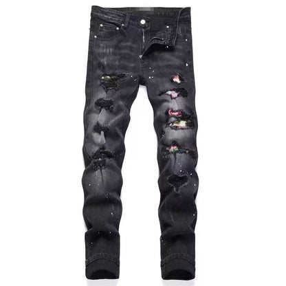 Slim Fit Patchwork Distressed Denim Jeans for Men