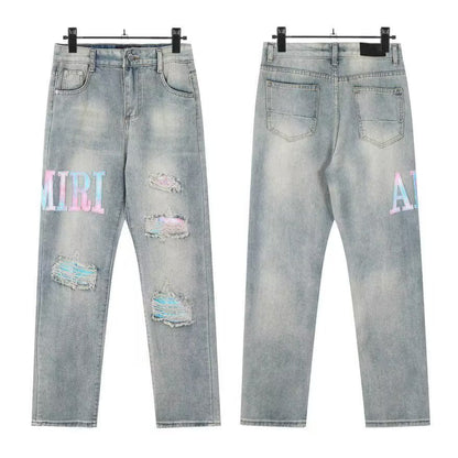Slim Fit Patchwork Distressed Denim Jeans for Men