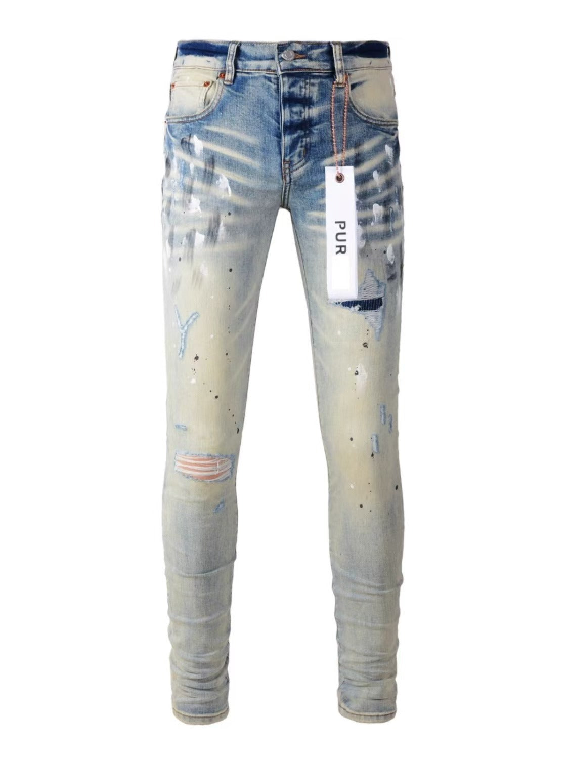 Slim Fit Patchwork Distressed Denim Jeans for Men
