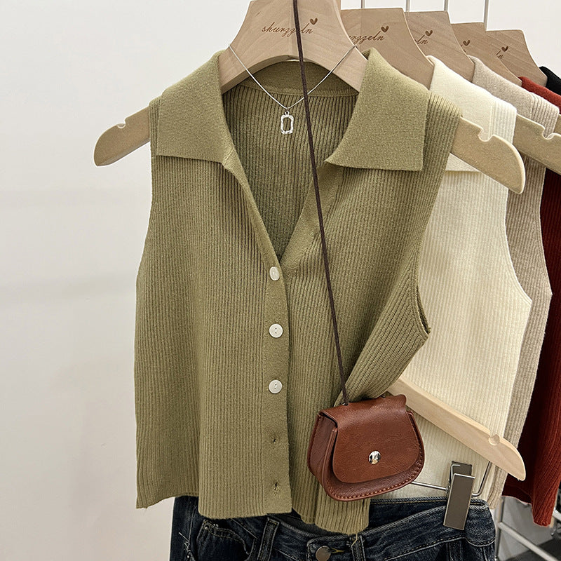 Slim Fit Polo Collar Knit Vest for Women