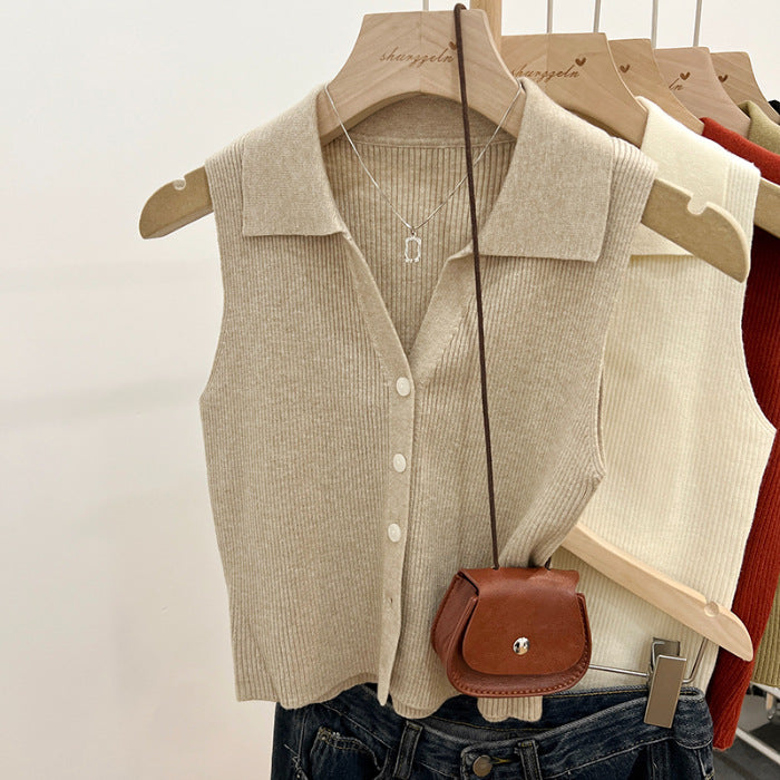 Slim Fit Polo Collar Knit Vest for Women