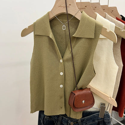Slim Fit Polo Collar Knit Vest for Women